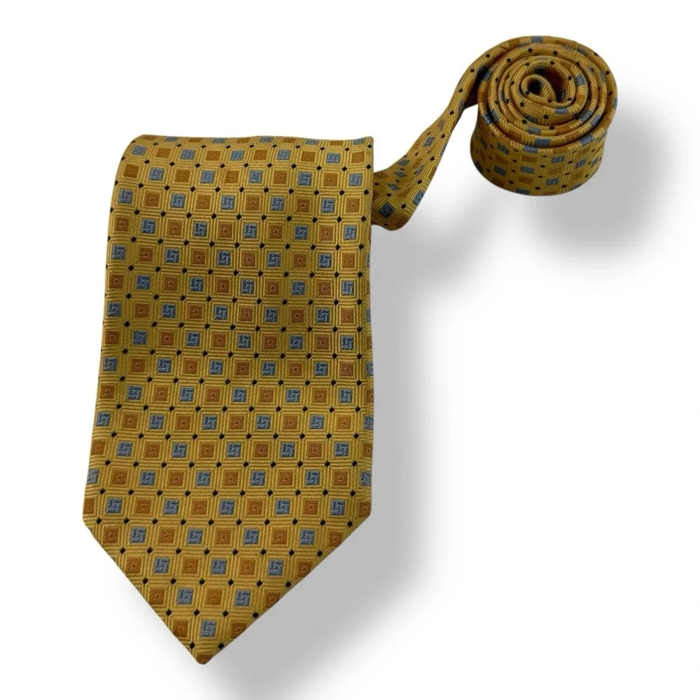 Brooks Brothers Silk Tie Yellow Blue Square Design 3.5